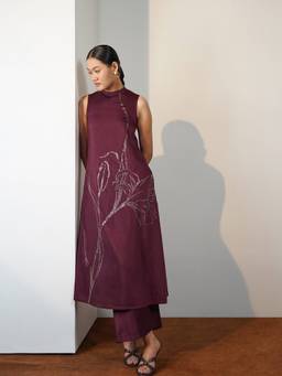 Pink Fort - Burgundy Silk Blend Embroidered Kurta and Palazzo