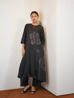 Pink Fort - Black Silk Blend Embroidered Kurta and Palazzo