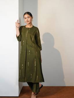 Pink Fort - Olive Silk Blend Geometric Kurta and Pant
