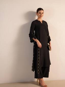 Pink Fort - Black Silk Blend Solid Kurta and Palazzo with Dupatta