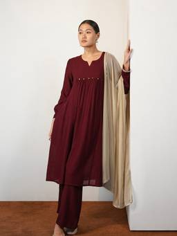 Pink Fort - Maroon Silk Blend Solid Kurta and Palazzo with Dupatta