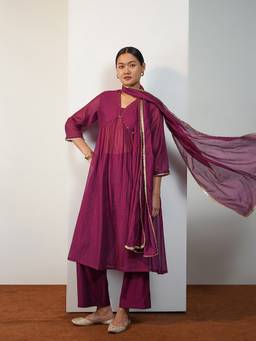 Pink Fort - Purple Silk Blend Solid Anarkali Kurta and Palazzo with Dupatta