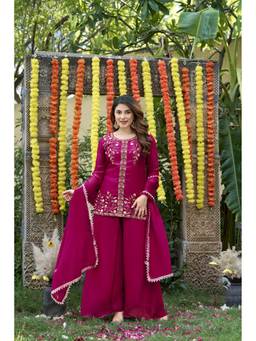 THE52 - Pink Embroidery Work Fendy Satin Straight Kurta and Palazzo with Dupatta