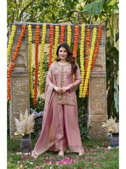 THE52 - Pink Embroidery Work Fendy Satin Straight Kurta and Palazzo with Dupatta