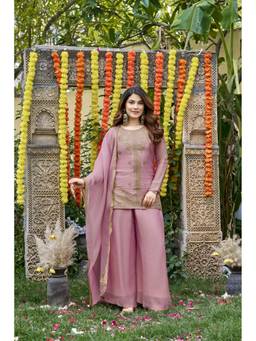 THE52 - Pink Embroidery Work Fendy Satin Straight Kurta and Palazzo with Dupatta