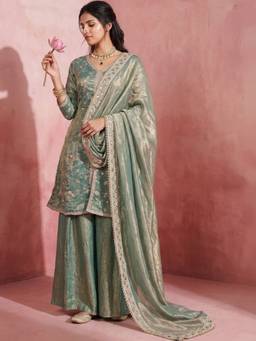 THE52 - Blue Embroidery Work Fendy Satin Straight Kurta and Sharara with Dupatta