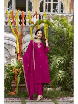 THE52 - Pink Embroidery Work Viscose Chanderi Straight Kurta and Pant with Dupatta