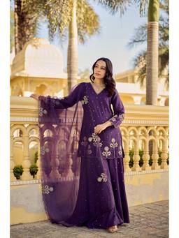 THE52 - Purple Chanderi Silk Embroidered Kurta and Sharara with Dupatta