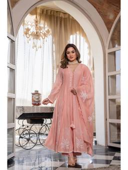 THE52 - Peach Embroidered Chanderi Silk Flared Anarkali Kurta and Pant with Dupatta