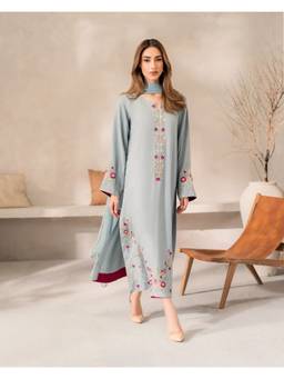 THE52 - Blue Thread Work Chanderi Silk Straight Kurta and Pant with Dupatta