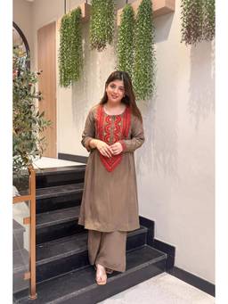 THE52 - Brown Embroidery Work French Crepe Straight Kurta and Palazzo
