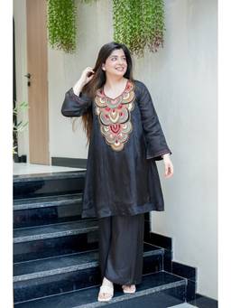 THE52 - Black Embroidery Work French Crepe Flared Kurta and Palazzo
