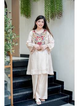 THE52 - Cream Embroidery Work French Crepe Flared Kurta and Palazzo
