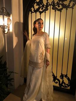 THE52 - Off White Embroidery Work Chinon Straight Kurta and Palazzo with Dupatta