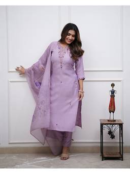 THE52 - Lavender Rayon Embroidered Kurta and Pant with Dupatta