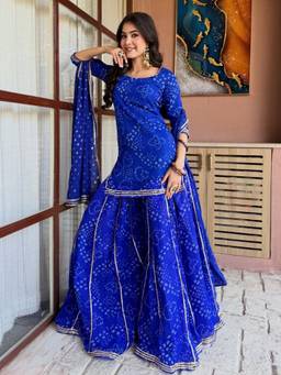 THE52 - Blue Printed Work Goergette Silk Straight Kurta and Sharara with Dupatta