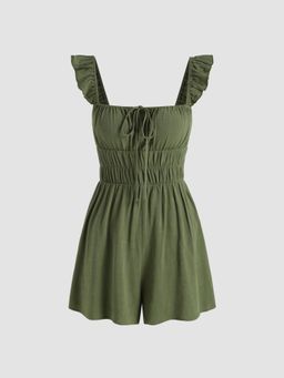 Cider - Linen-Blend Solid Shirred Ruffle Knotted Playsuit