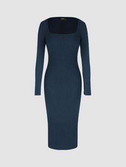 Cider - Solid Square Neck Long Sleeve Midi Dress