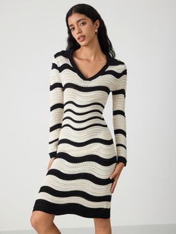 Cider - Collar Chevron Hollow Out Knitted Mini Dress