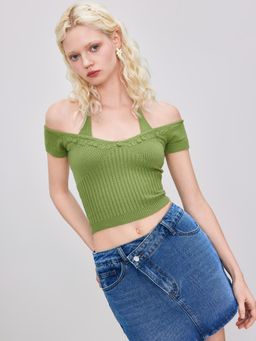 Cider - Knitted Halter Floral & Leaf Detail Crop Short Sleeve Top