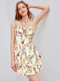 Cider - Woven Floral & Fruit Ruffle Hem Knotted Layered Mini Dress