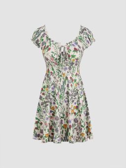 Cider - Square Neck Floral Lettuce Trim Ruffle Mini Dress