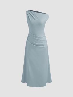 Cider - Asymmetrical Neck Solid Ruched Midi Dress