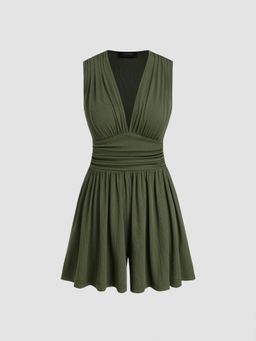 Cider - Plunging Neck Solid Ruched Pocket Playsuit