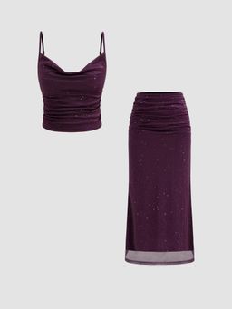 Cider - Cowl Neck Sequin Crop Cami Top & Ruched Maxi Skirt (Set of 2)