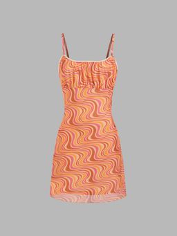 Cider - Mesh U-Neckline Wave Stripe Mini Dress