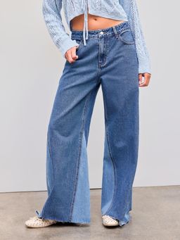 Cider - Denim Low Rise Two Tone Wide Leg Jeans