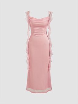 Cider - Cowl Neck Solid Glitter Ruffle Hem Midi Dress
