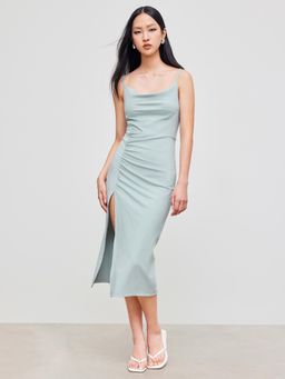 Cider - Cowl Neck Solid Ruched Split Midi Dress