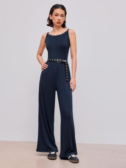Cider - Boat Neckline Solid Wide Leg Jumpsuit