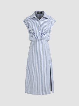 Cider - Cotton-Blend Collar Striped Split Midi Shirt Dress