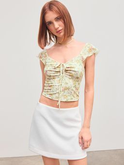 Cider - Mesh Floral Knotted Short Sleeve Top