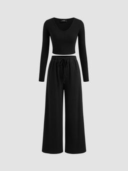 Cider - Cotton-Blend V-Neck Solid Long Sleeve Crop Top & Straight Leg Pants (Set of 2)