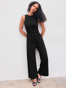 Cider - Cotton-Blend Round Neck Solid Ruched Straight Leg Jumpsuit