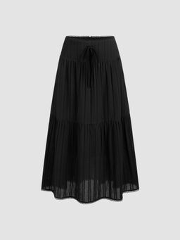 Cider - Cotton Mid Rise Solid Lace Trim Ruffle Knotted Maxi Skirt
