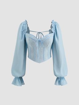 Cider - Sweetheart Neck Lace Knotted Corset Lettuce Trim Crop Top