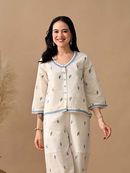 MYSHKA - Blue Embroidered Laced Shirt