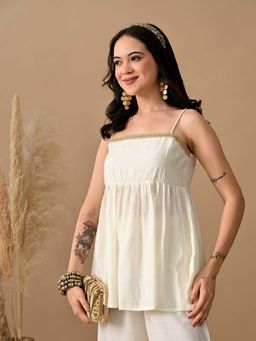 MYSHKA - Off White Laced Peplum Longline Top