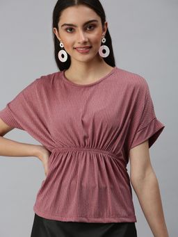 SHOWOFFFF - Women Round Neck Half Sleeves Self Design Mauve Top