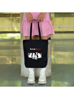 EcoRight - Women Black Printed Paws Off Canvas Zipper Tote Bag