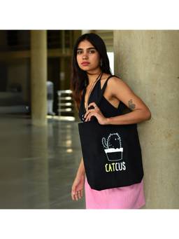 EcoRight - Women Black Printed Prickly Pet Canvas Zipper Tote Bag