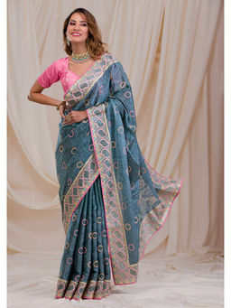 Koskii - Green Embroidered Beads & Stones Chiffon Saree with Unstitched Blouse