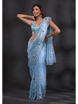 Koskii - Blue Embroidered Sequined Tissue Saree with Unstitched Blouse