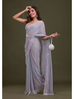 Koskii - Grey Sequined Beads & Stones Georgette Saree with Unstitched Blouse