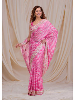 Koskii - Pink Embroidered Leheriya Crepe Saree with Unstitched Blouse