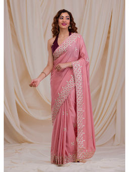Koskii - Peach Embroidered Gota Crepe Saree with Unstitched Blouse